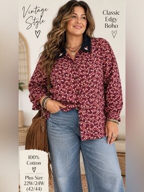 Vintage 90s Bobbie Brooks Woman 22W/24W Cotton Berry Floral Boho Button Down